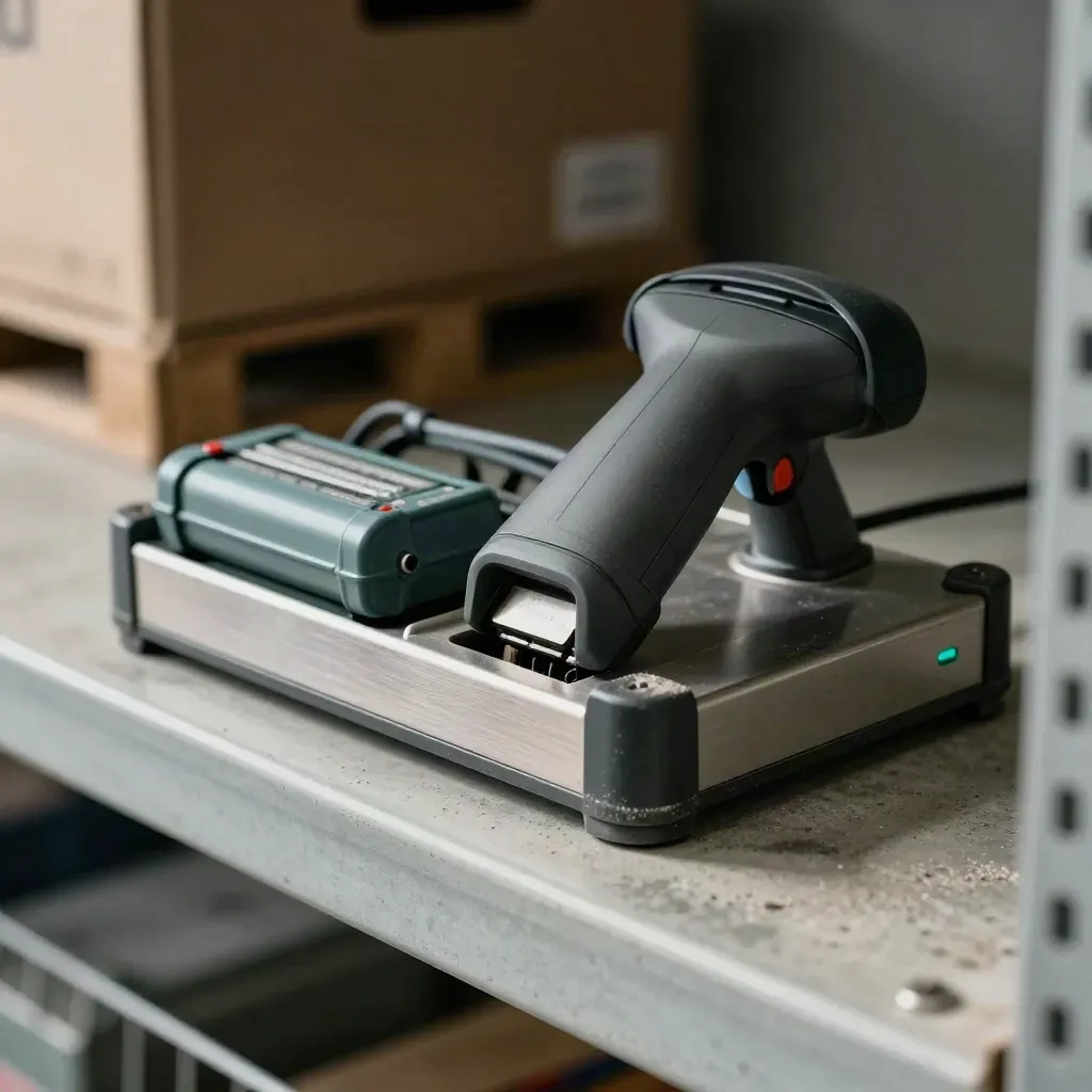 Scanner cradle, battery pack, cable tags and corner guards on a warehouse intake shelf through mesh.