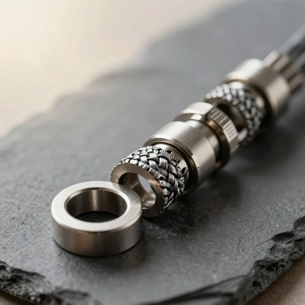 Macro of linked metal rings, split couplers, and a braided cable loop on graphite.