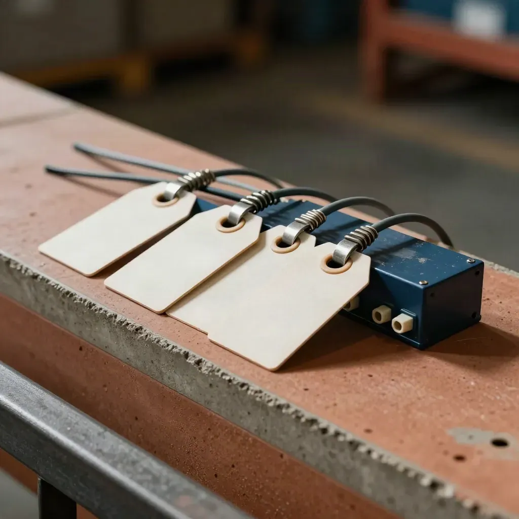 Dispatch tags, clips, ties, and a relay block on concrete in dramatic close-up